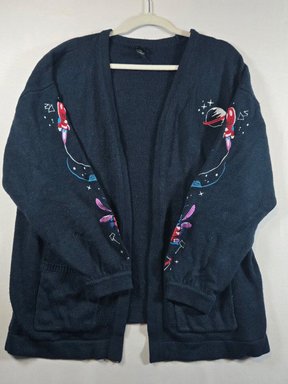 Disney Lilo & Stitch Space Cardigan Sweater XL Navy Embroidered Rocket Acrylic